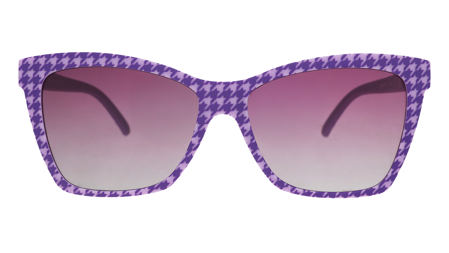 Front angle view of purple houndstooth-print Pop Gs with purple gradient lenses.