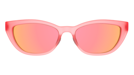 Front angle view of a pair of translucent pink cat-eye Cheetah G frames with pink champagne reflective lenses.