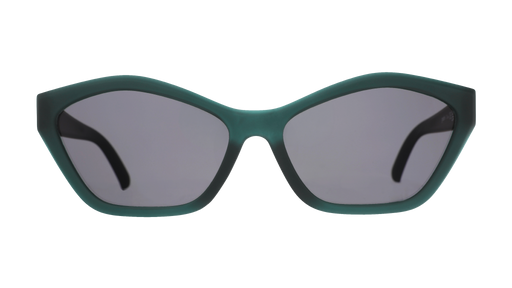 Front view of translucent, dark green angular Deco G sunglasses with black non-reflective lenses.