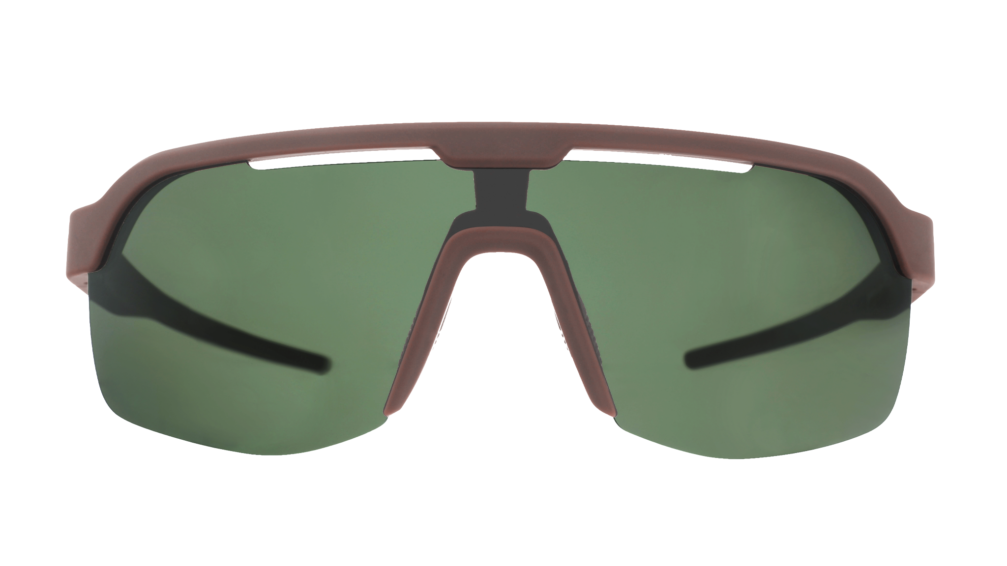 Front view of brown wraparound Bolt G sunglasses with non-reflective, green vented lenses.
