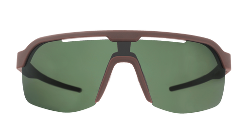 Front view of brown wraparound Bolt G sunglasses with non-reflective, green vented lenses.