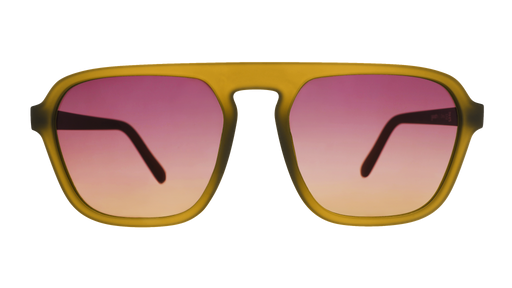 Front view of translucent dusted-ochre Retro G sunglasses with purple-yellow gradient lenses.