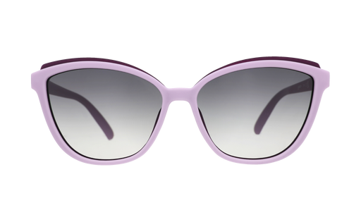 Front view of lavender cat-eye Pounce G sunglasses with dark purple accents and dark gray gradient lenses.