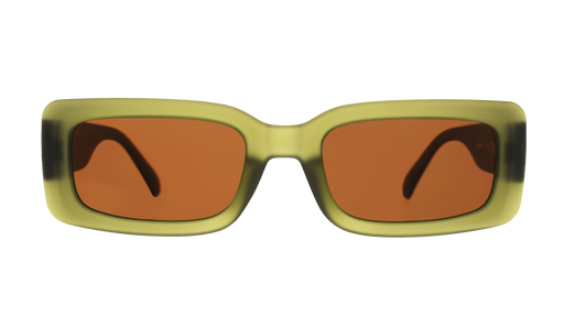 Front view of rectangular Luxe G sunglasses in translucent olive green with brown non-reflective lenses.