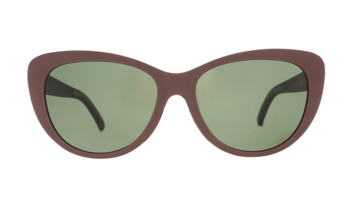 Front view of opaque brown Glam G cat-eye sunglasses with green non-reflective lenses.