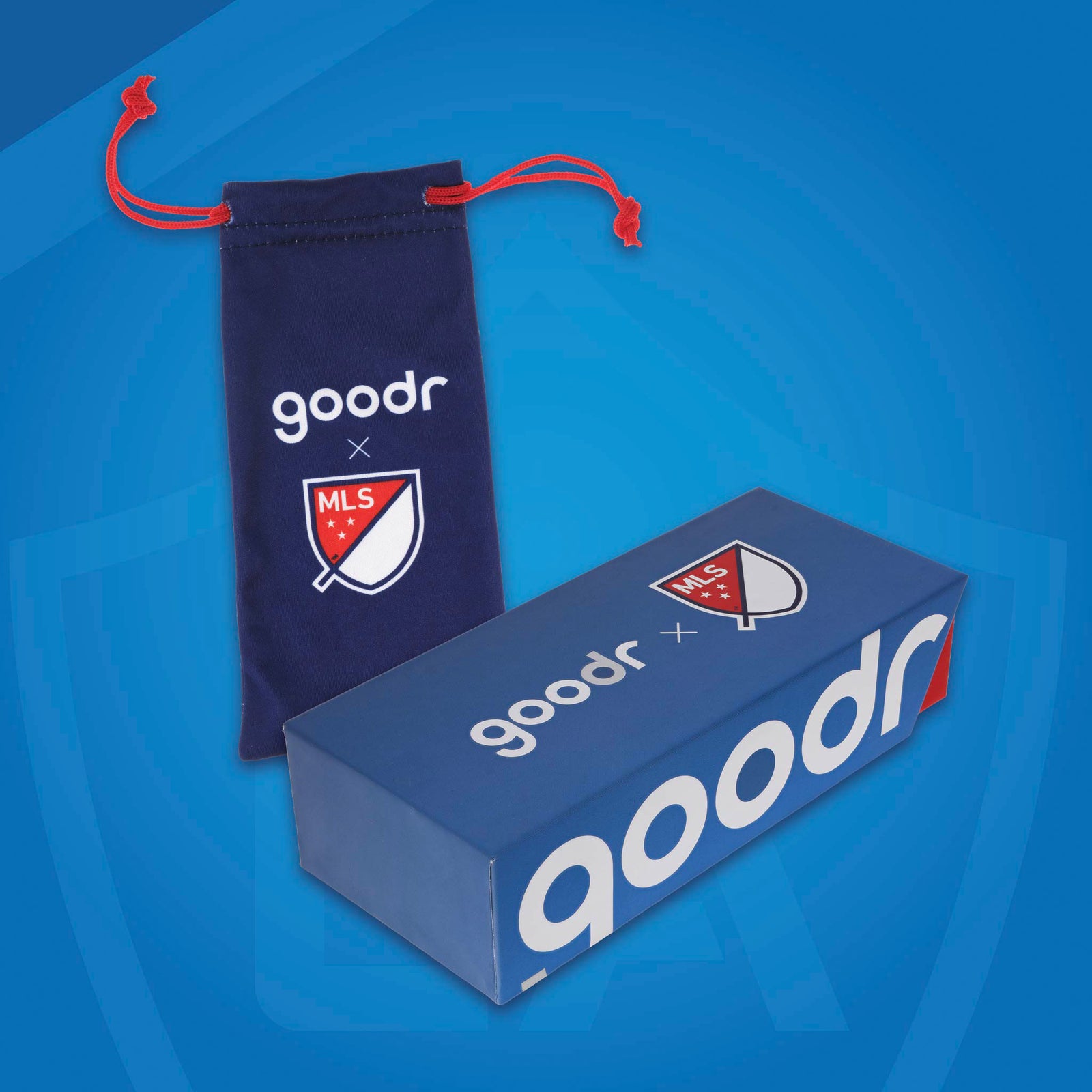 Major League Soccer-themed microfiber bag and box for MLS sunglasses on a blue background.