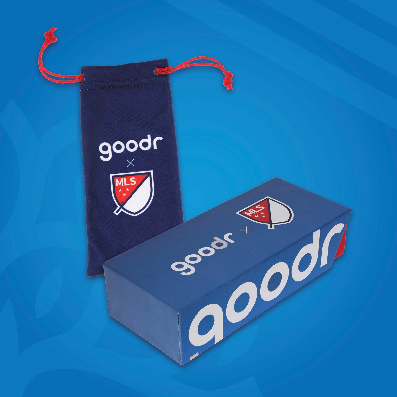 Front view of Major League Soccer packaging for the sunglasses, with a patterned microfiber bag and box
