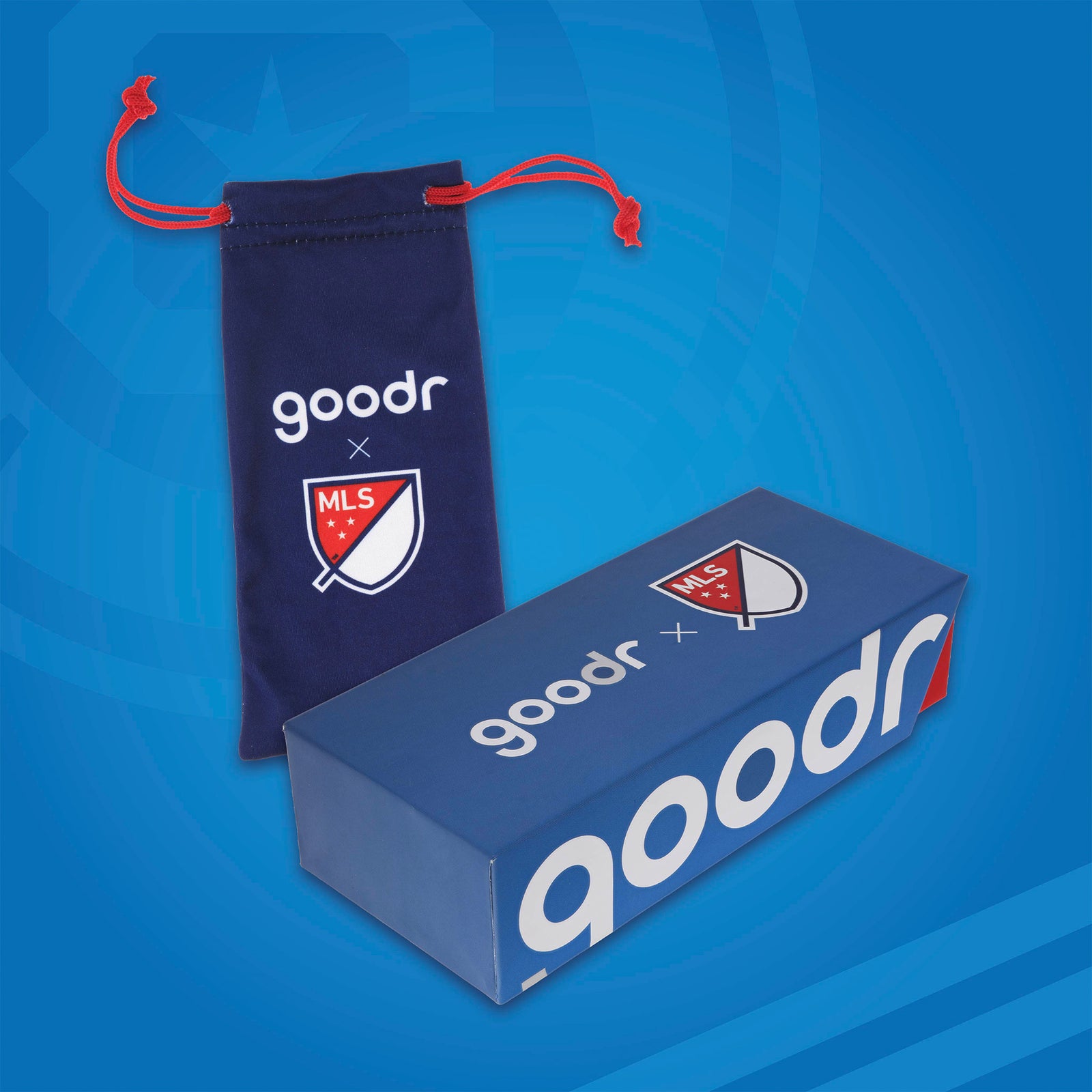 Front view of Major League Soccer-themed packaging for the sunglasses with a patterned microfiber bag and box.