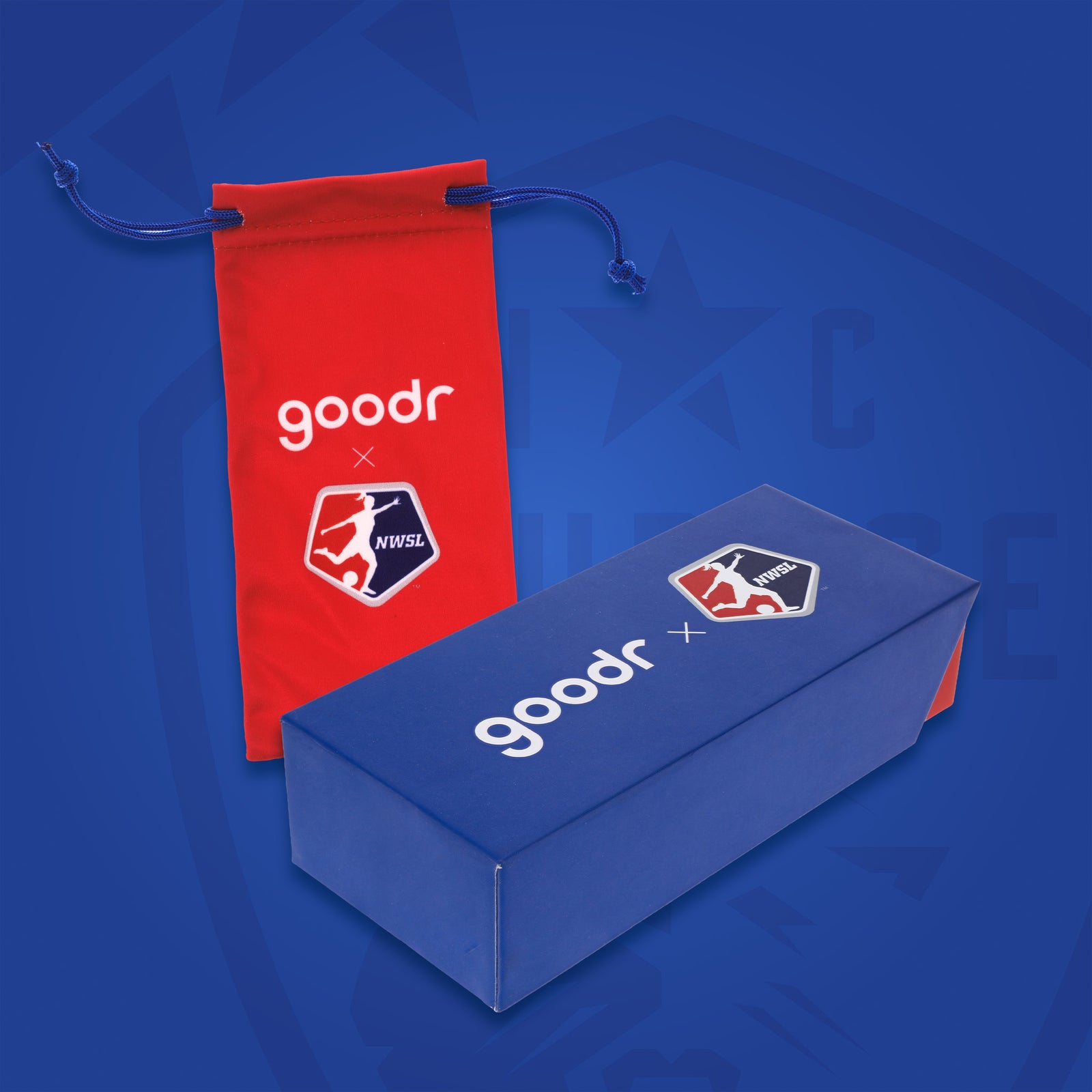 Red & blue custom NWSL (National Women's Soccer League) sunglasses packaging.