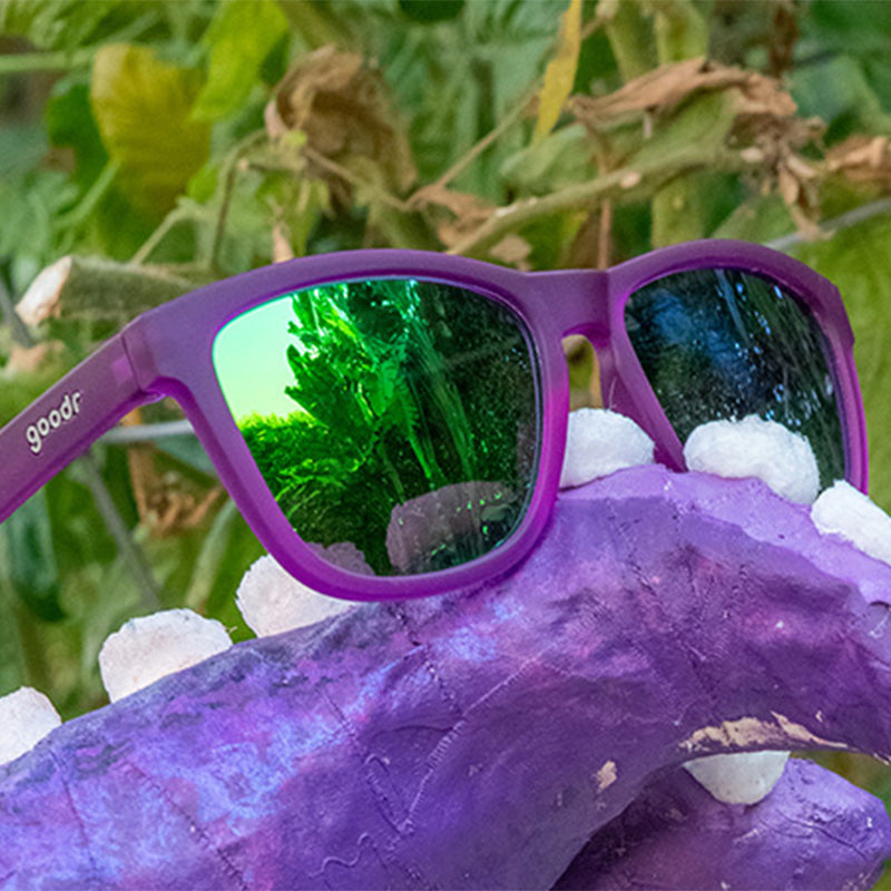 Three-quarter angle view of purple sunglasses with green mirrored lenses sitting atop a papier-mâché octopus tentacle.