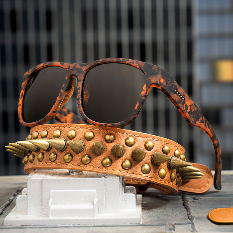 Three-quarter angle view of a pair of wide-fit brown tortoiseshell sunglasses atop a leather studded dog collar.