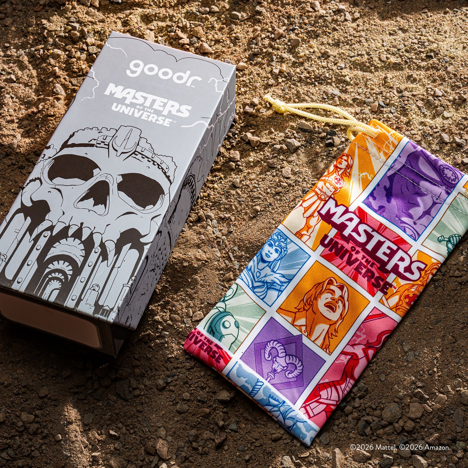 Custom Masters of the Universe box packaging and sunglasses pouch featuring iconic characters.