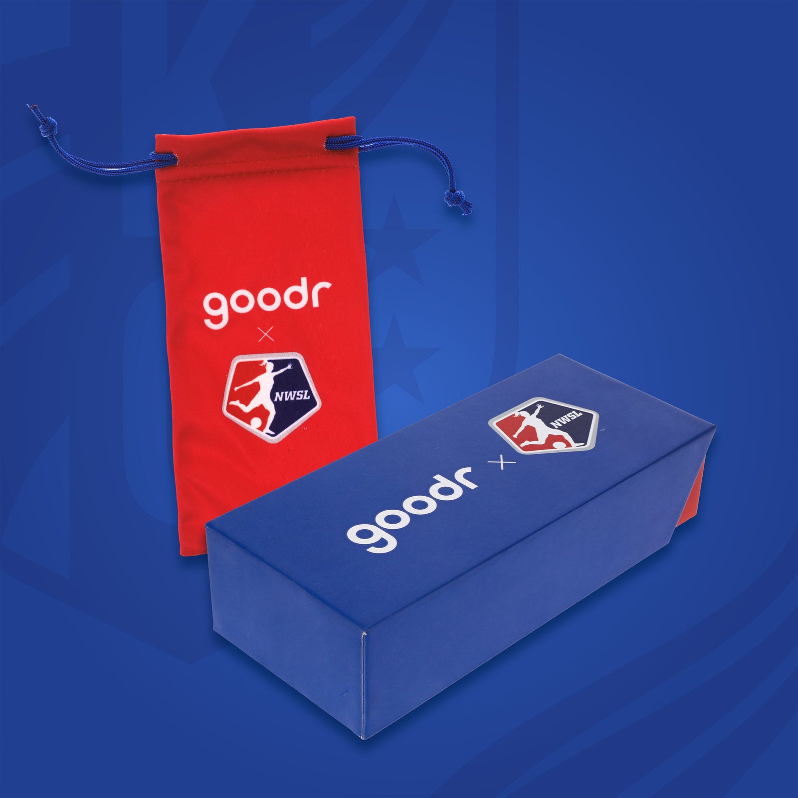 Red & blue custom NWSL (National Women's Soccer League) sunglasses packaging.