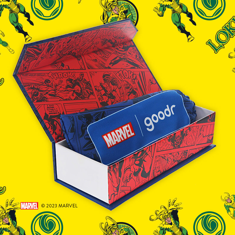 Mischief Makers | Green and yellow frames with Marvel Comics Villian Loki print ith yellow reflective lenses | Licensed Collectible Marvel goodr sunglasses