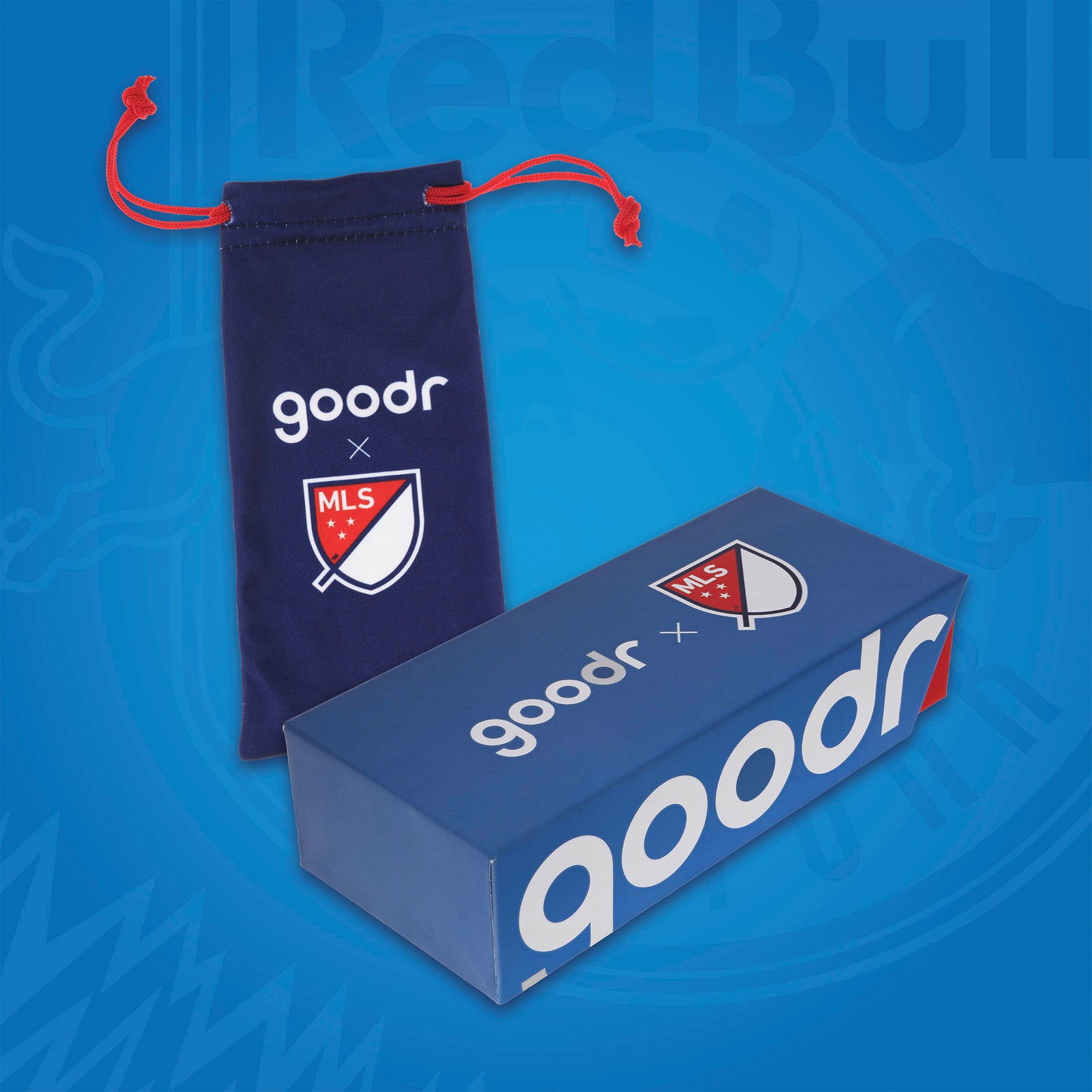 Front view of Major League Soccer-themed packaging for the sunglasses with a patterned microfiber bag and box.