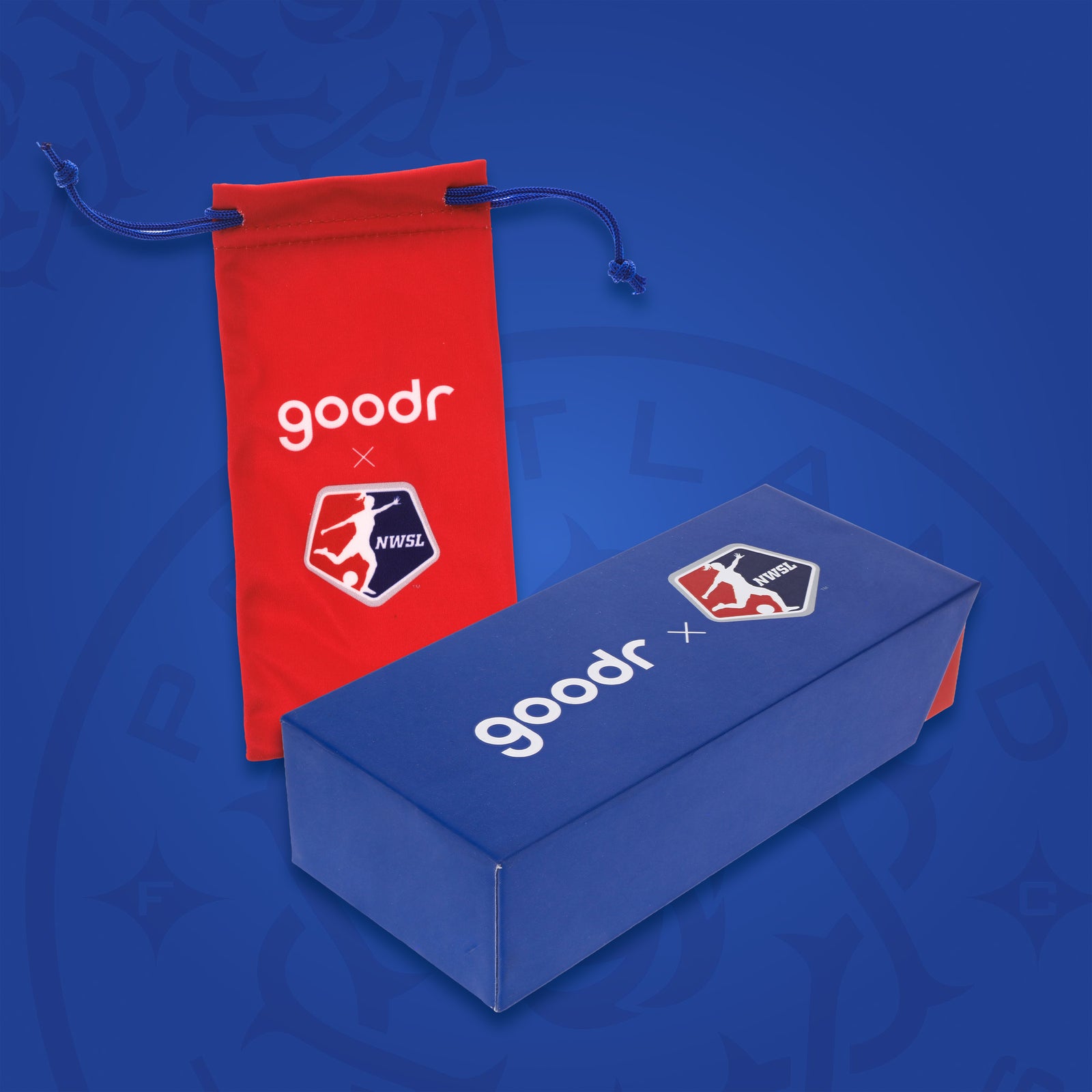 Red & blue custom NWSL (National Women's Soccer League) sunglasses packaging.
