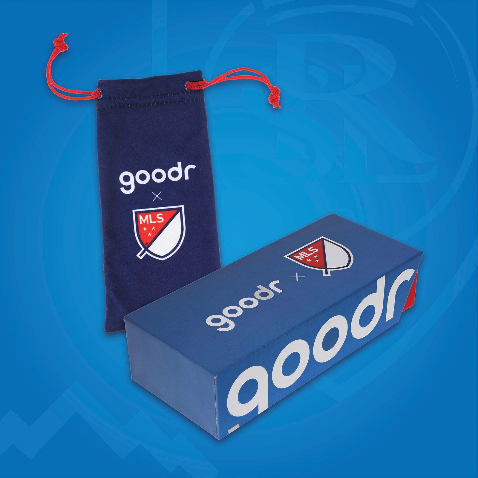 Front view of Major League Soccer-themed packaging for the sunglasses with a patterned microfiber bag and box.