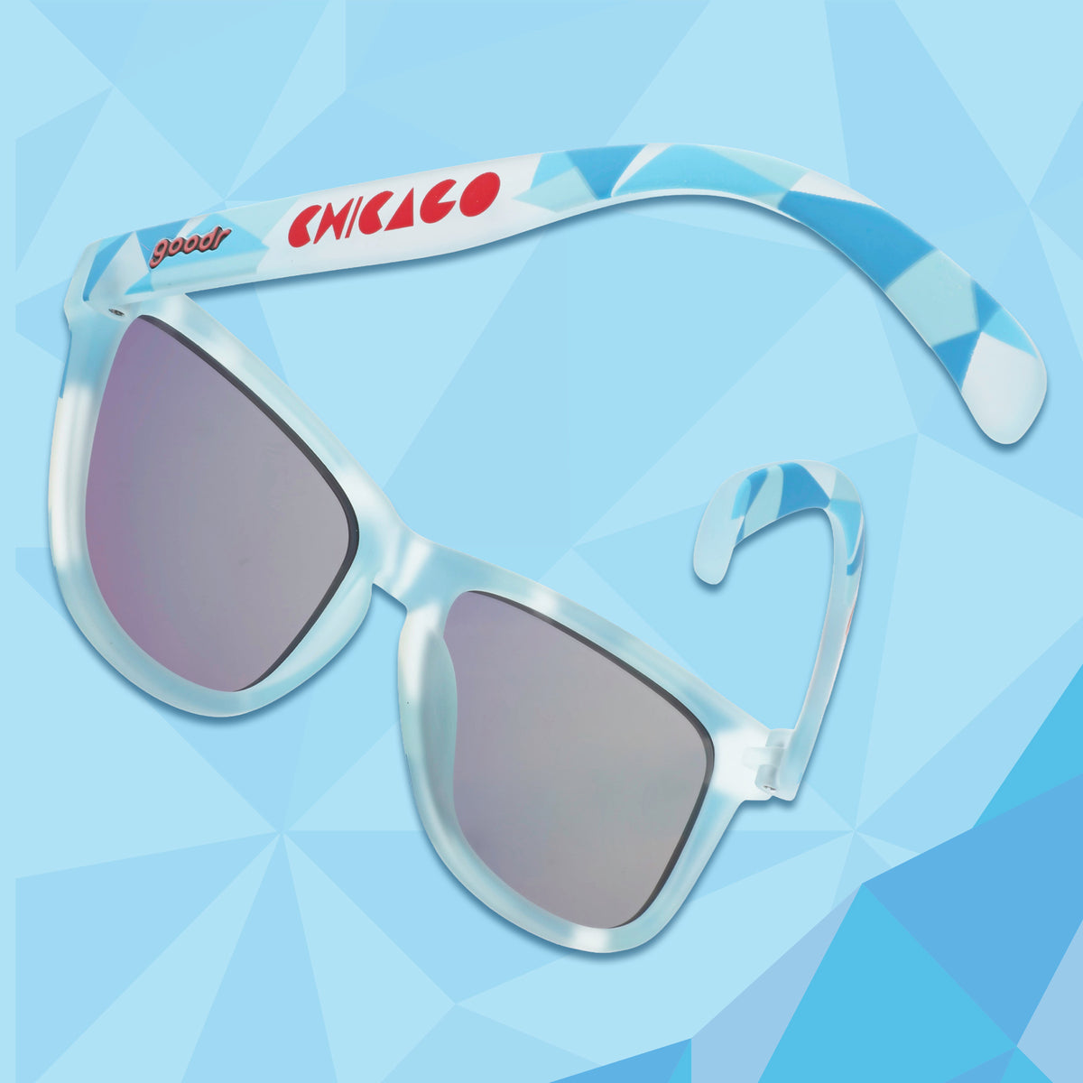 Back view of translucent blue, geometric-patterned sunglasses with the goodr and Chicago logo.