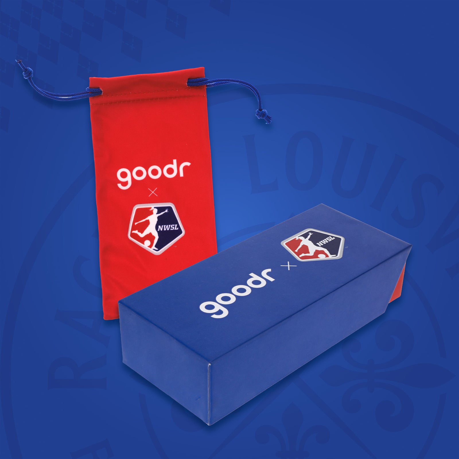 Red & blue custom NWSL (National Women's Soccer League) sunglasses packaging.
