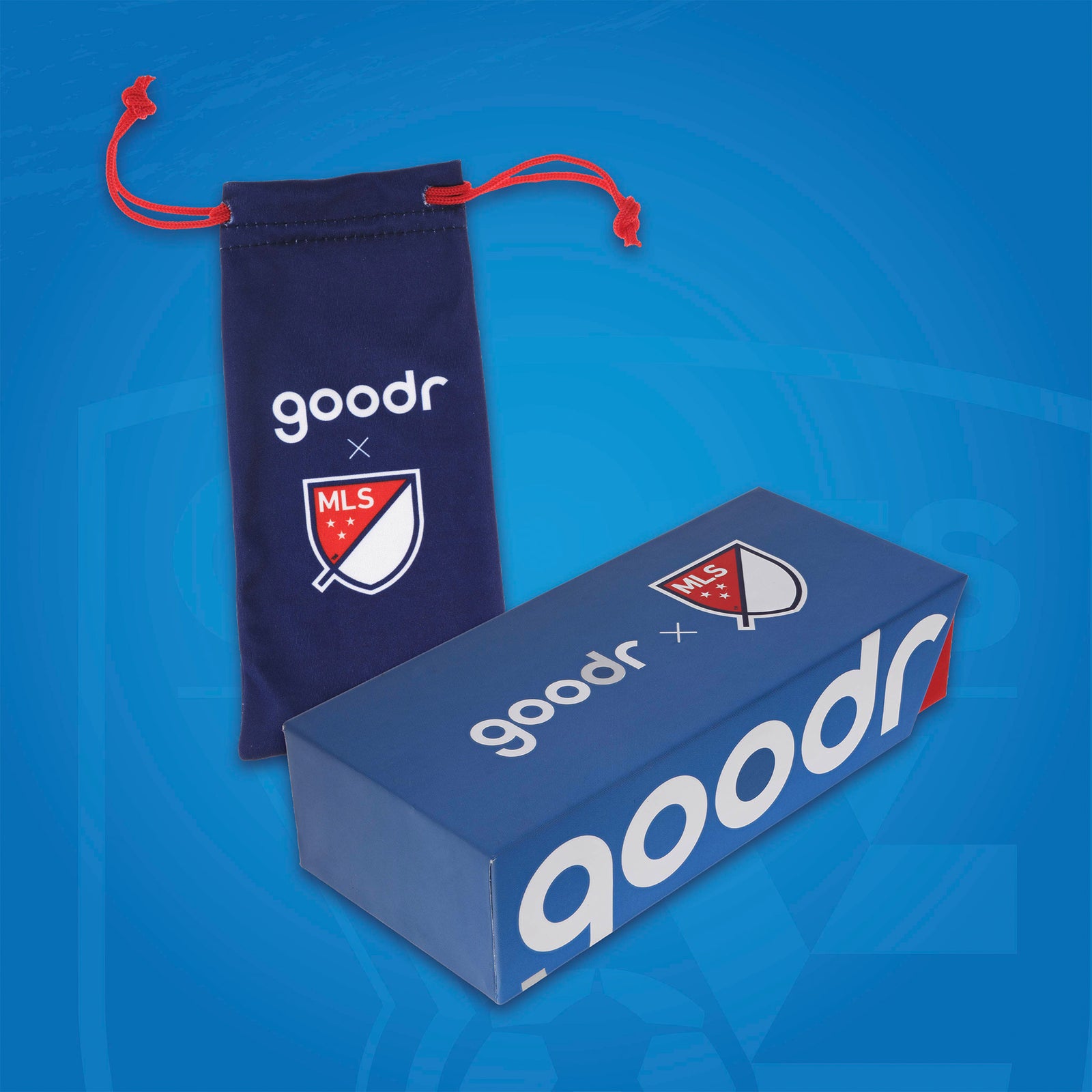 Front view of Major League Soccer-themed packaging for the sunglasses with a patterned microfiber bag and box.