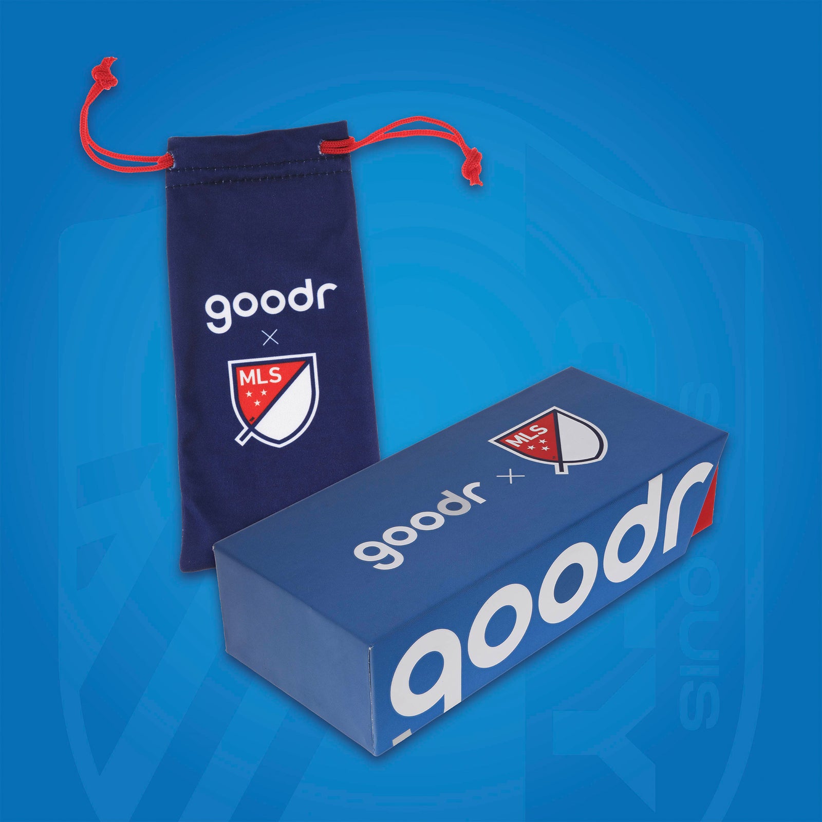 Front view of Major League Soccer-themed packaging for the sunglasses with a patterned microfiber bag and box.