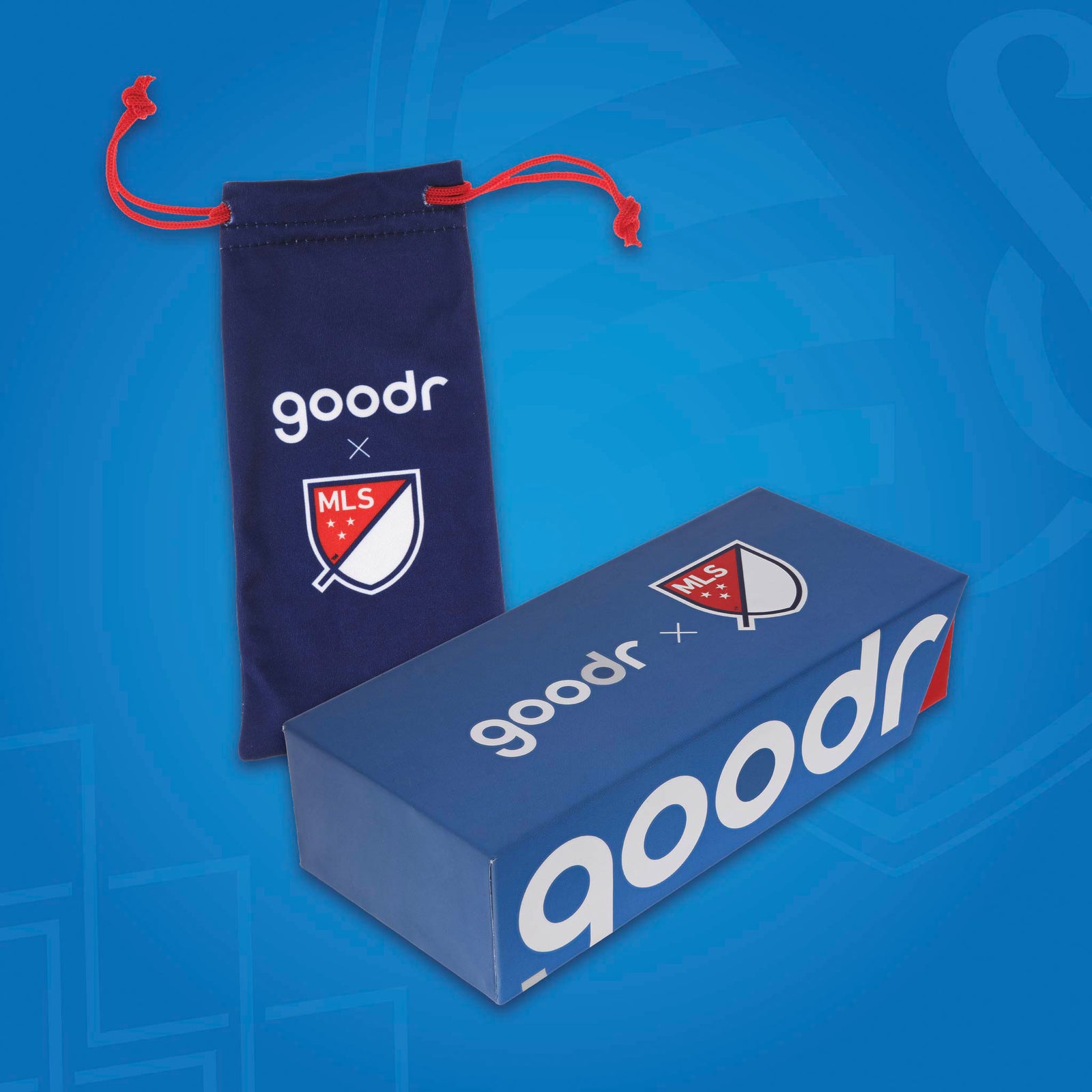 Major League Soccer-themed microfiber bag and box for MLS sunglasses on a blue background.