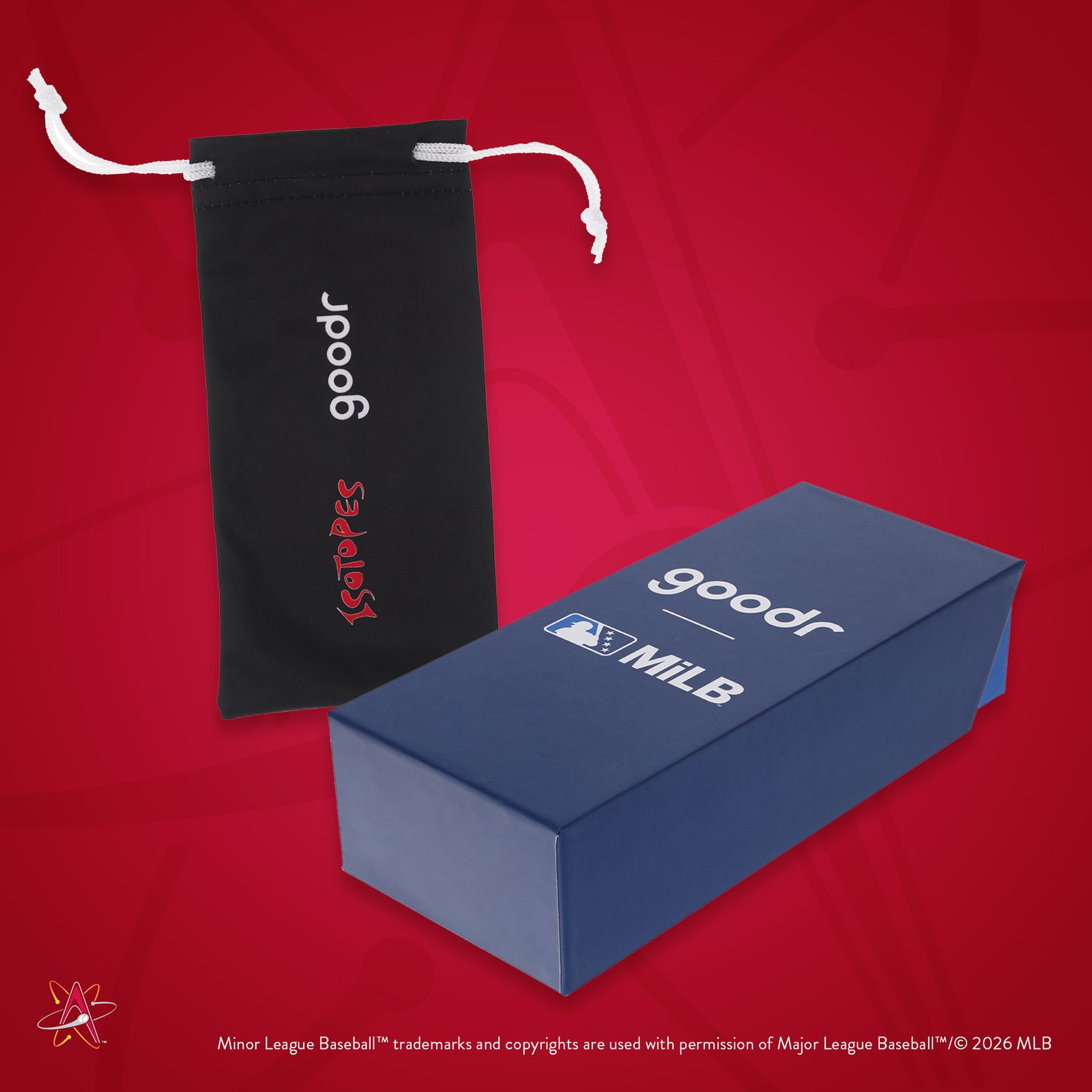Front view of custom Minor League Baseball-themed packaging with a patterned microfiber bag and box.