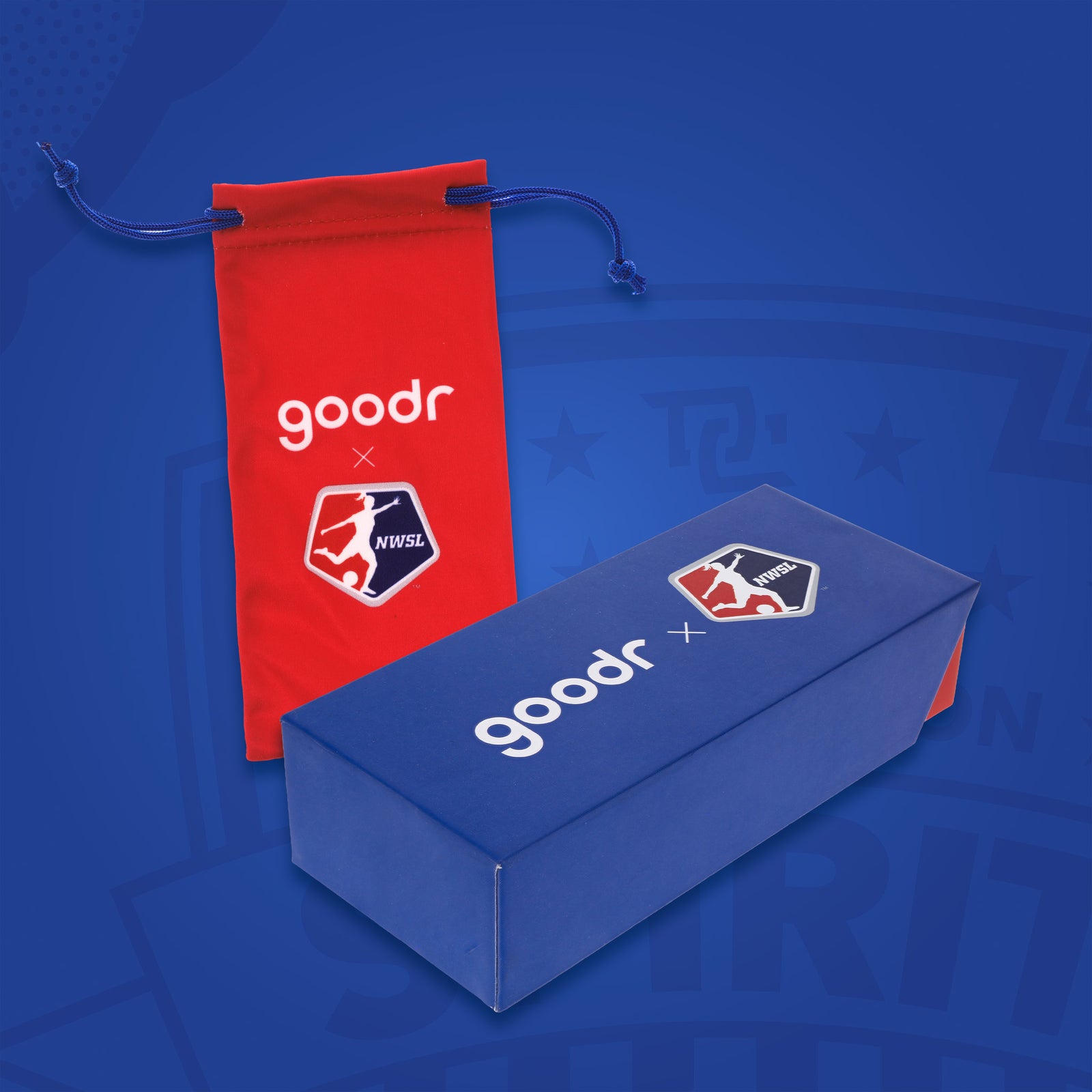 Red & blue custom NWSL (National Women's Soccer League) sunglasses packaging.