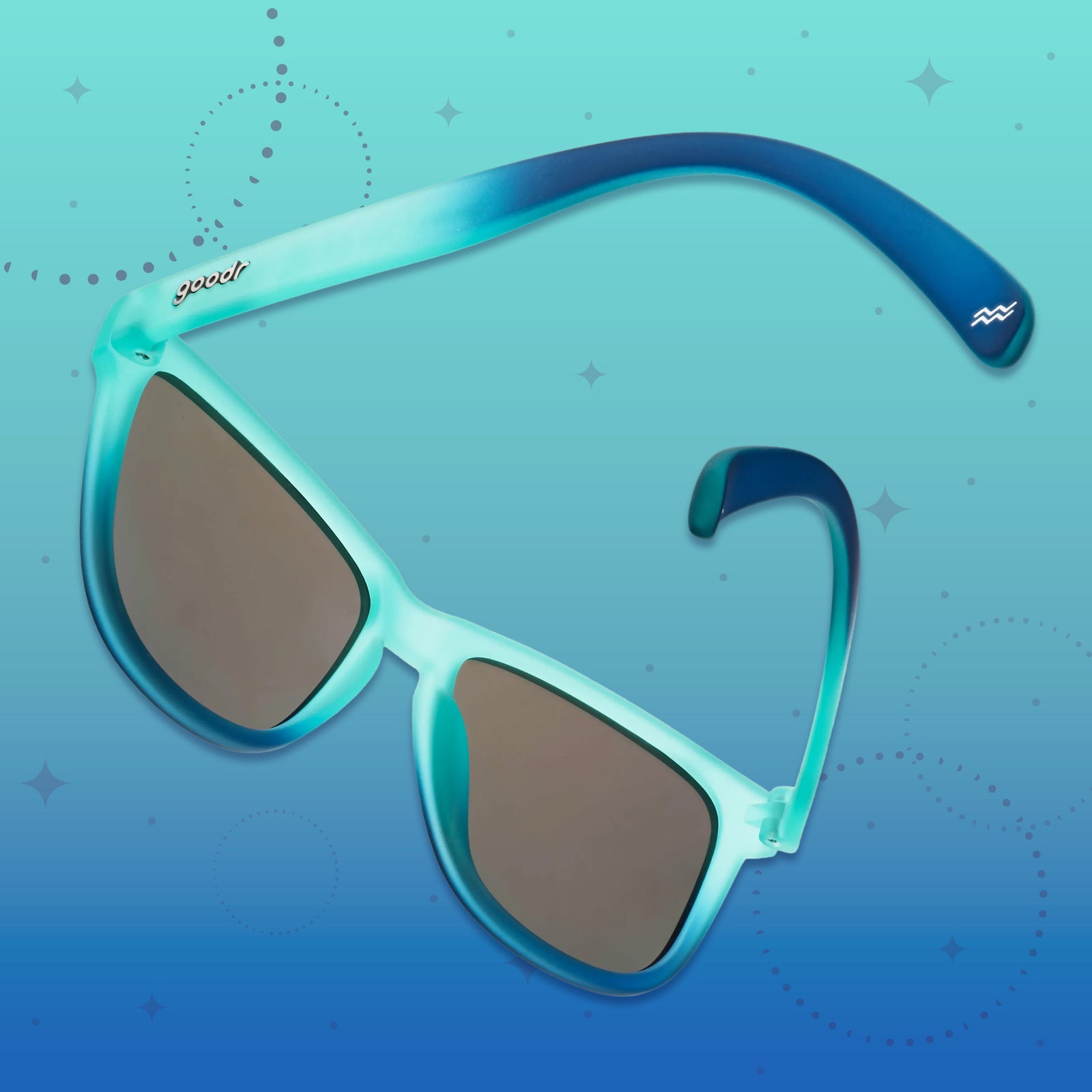 Back view of turquoise-to-blue ombre OG frames with teal reflective lenses on a blue gradient graphic background.