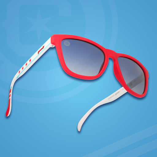 Three-quarter angle view of MLS Chicago Fire FC shades. Red+white frames. Dark blue ocean gradient lenses.