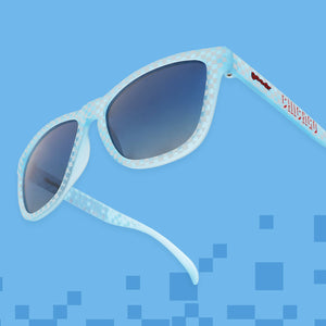 Pair of goodr sunglasses with a light blue checkerboard design, on a blue background