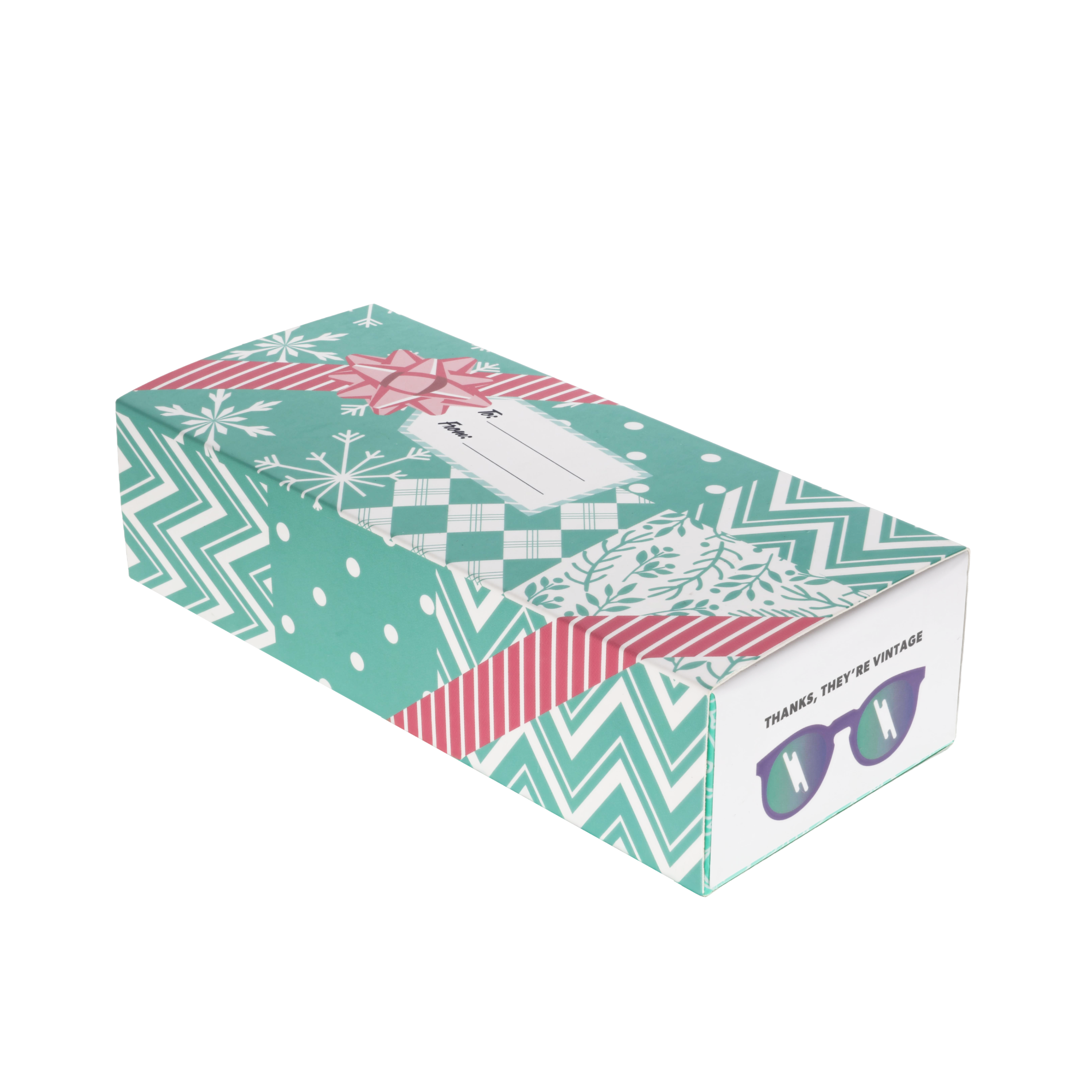 Three-quarter view of a goodr box wrapping sleeve with a festive holiday design.