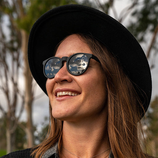 A smiling hipster woman in a black hat and round black sunglasses with non-reflective black lenses looks off to the side.