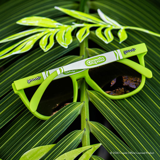 Back view of folded green yellow sunglasses w/ white Crayola marker pattern+yellow green reflective lenses on a frond.
