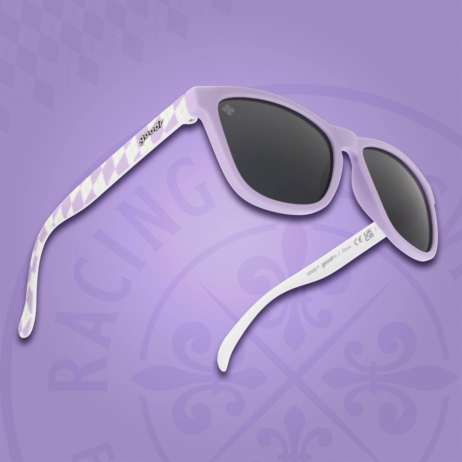 Right three-quarter angle view of lavender and mint frames, featuring an argyle pattern and black lenses.
