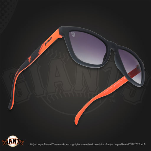 Three-quarter angle view of Giants sunglasses floating against a black background with the SF logo.