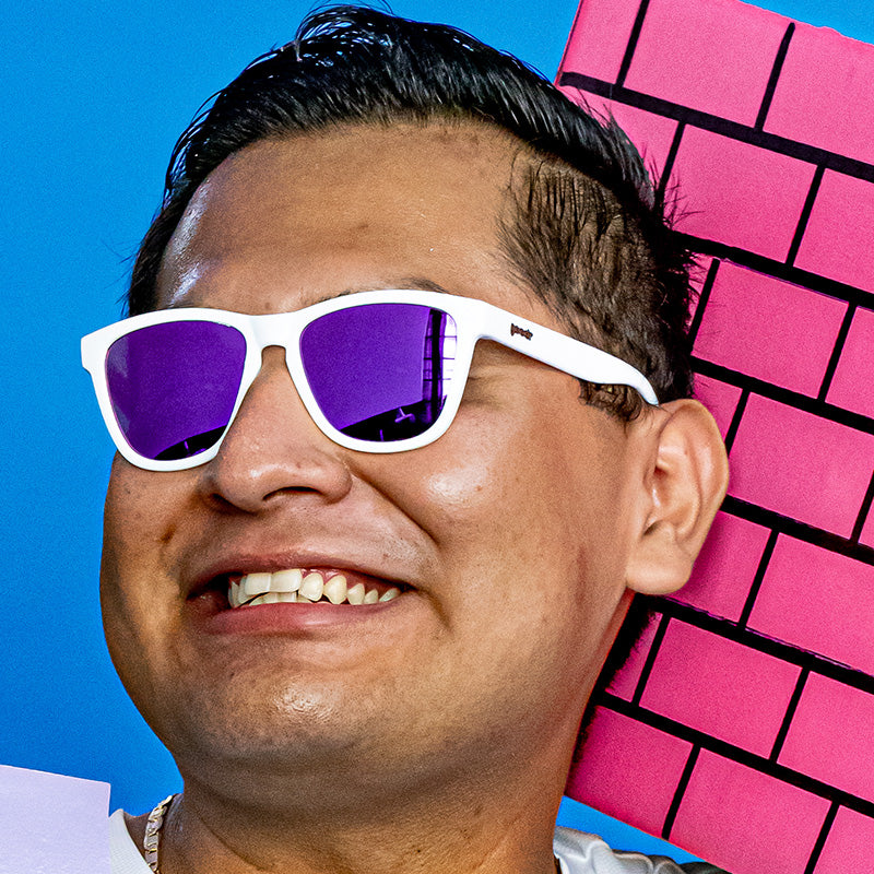 White and Purple Sunglasses Side Scroll Eye Roll goodr — goodr
