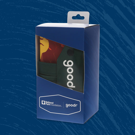 Retail packaging for the National Park Foundation & goodr foldable sunglasses case with a window display.