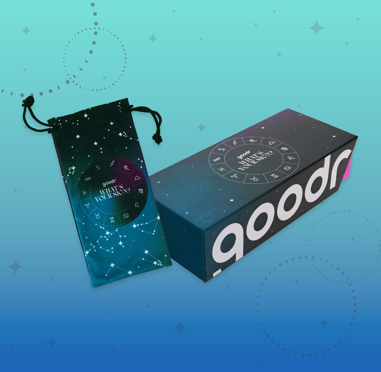 Astrology-inspired What’s Your Sign? custom packaging and microfiber sunglasses bag with constellations on a night sky.