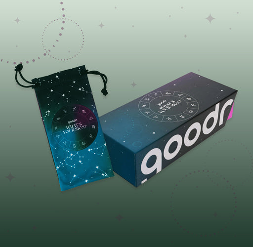 Astrology-inspired What’s Your Sign? custom packaging and microfiber sunglasses bag with constellations on a night sky.