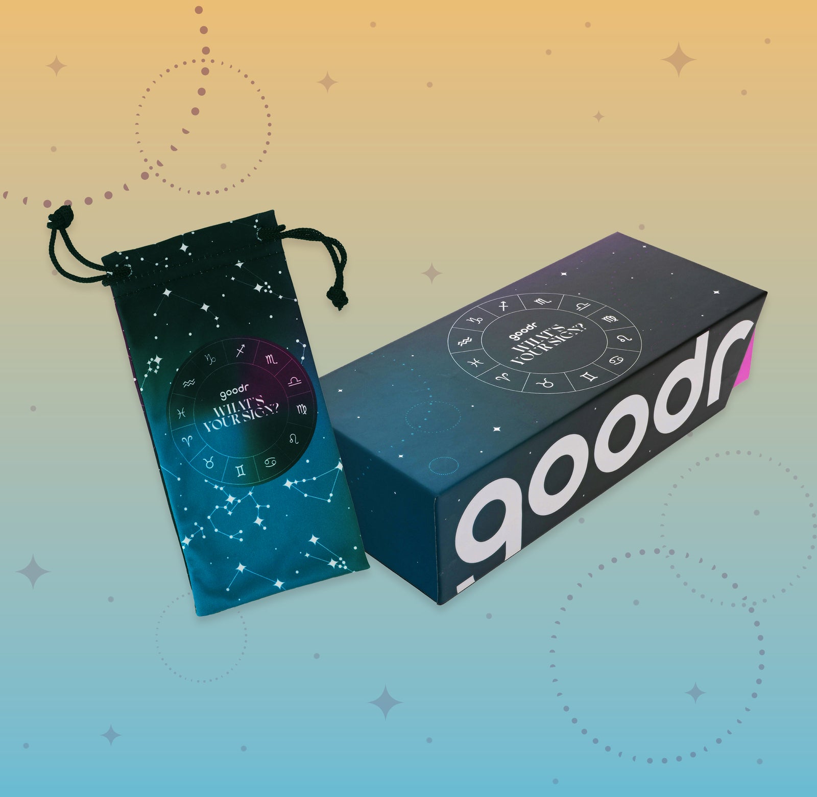 Custom astrology-inspired sunglasses packaging. Dark blue box and pouch featuring the astrology wheel chart.