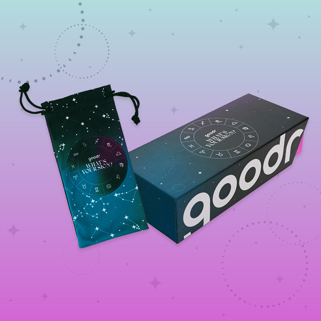 Astrology-inspired What’s Your Sign? custom packaging and microfiber sunglasses bag with constellations on a night sky.