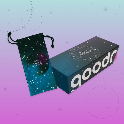Astrology-inspired What’s Your Sign? custom packaging and microfiber sunglasses bag with constellations on a night sky.