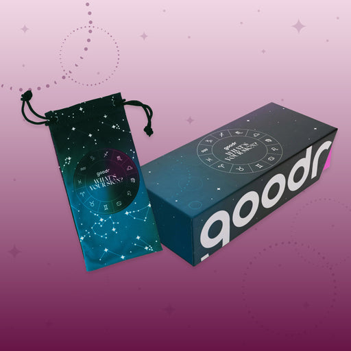 Astrology-inspired What’s Your Sign? custom packaging and microfiber sunglasses bag with constellations on a night sky.