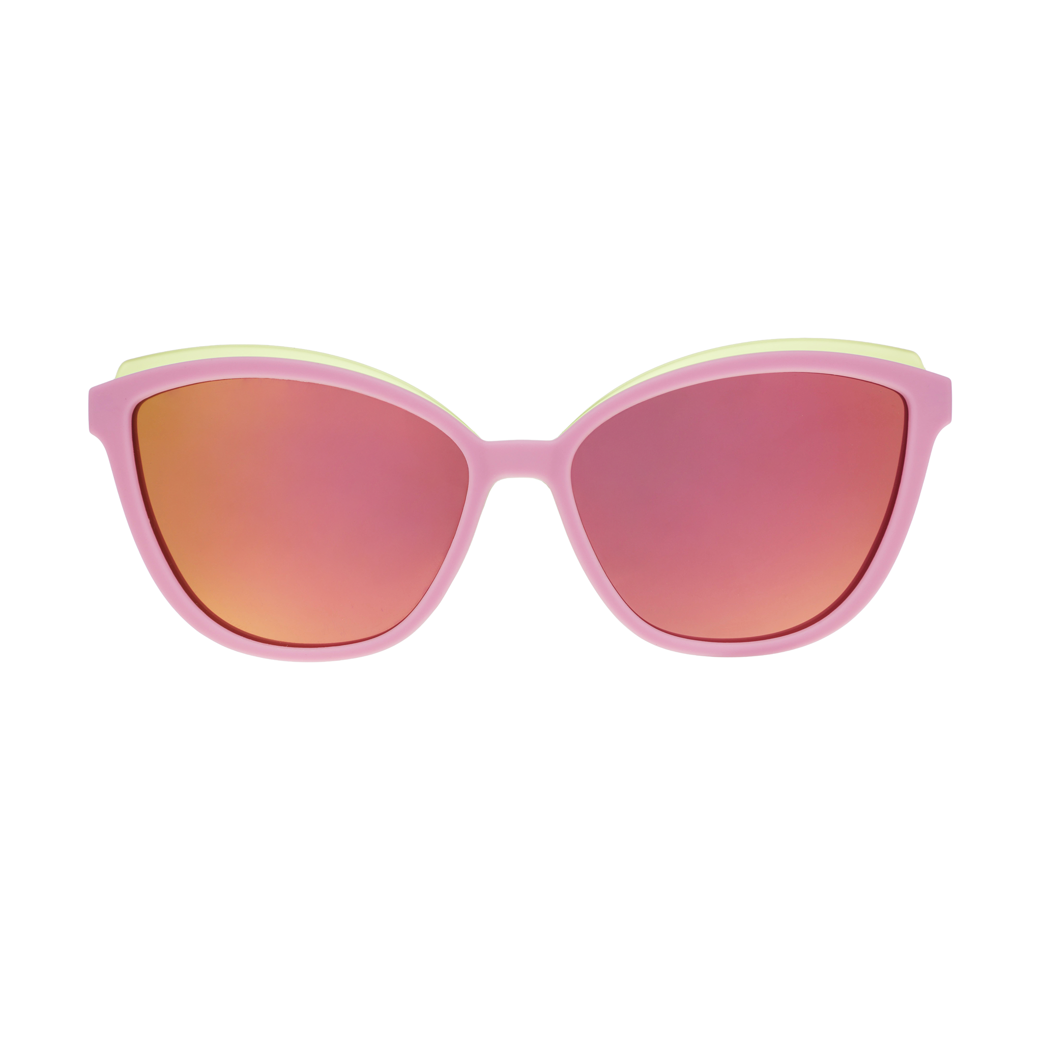 Pink sunglasses with red-tinted lenses on a white background