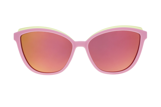 Pink sunglasses with red-tinted lenses on a white background