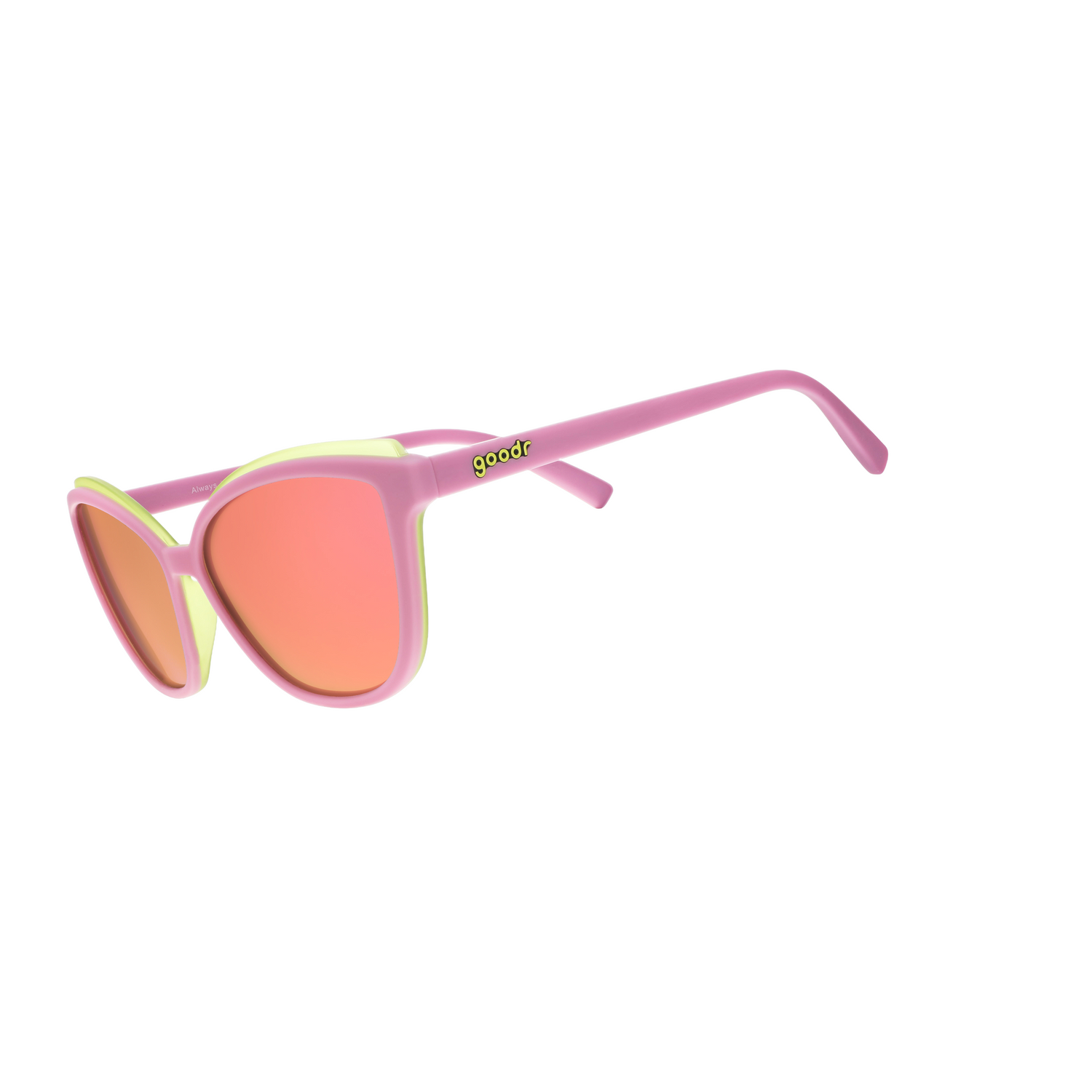 Sunglasses with pink frame and orange lenses on a white background