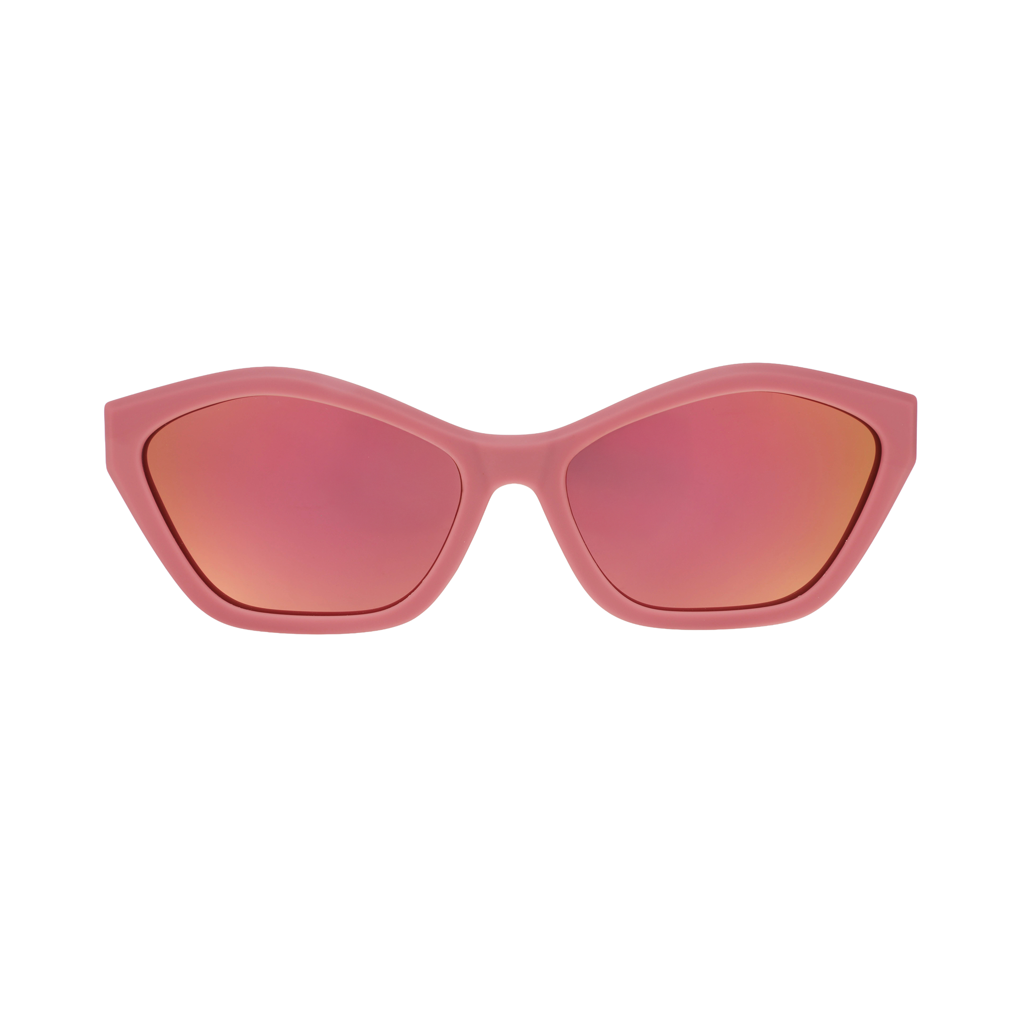 Pink sunglasses with red-tinted lenses on a white background