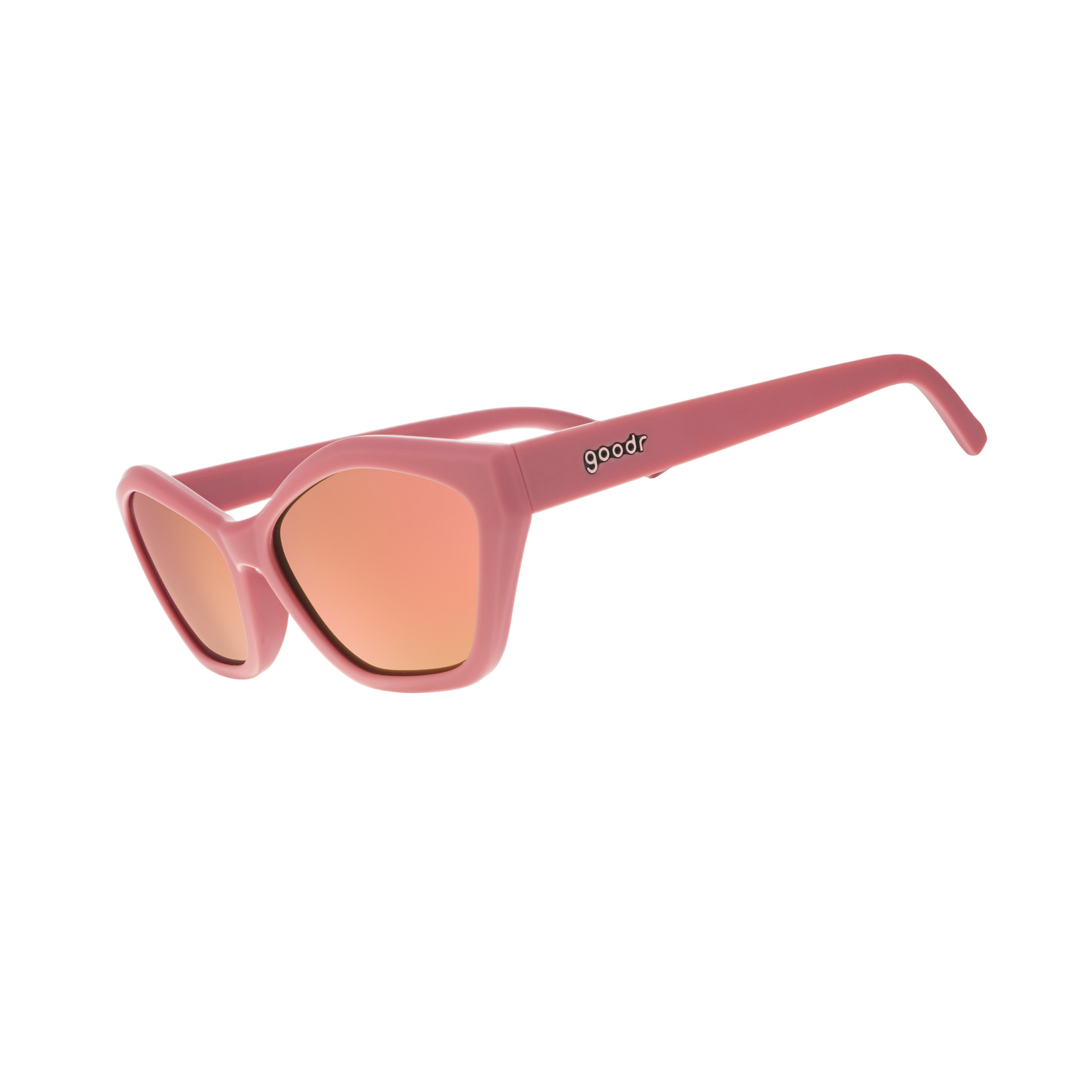 Pink sunglasses with a reflective lens on a white background