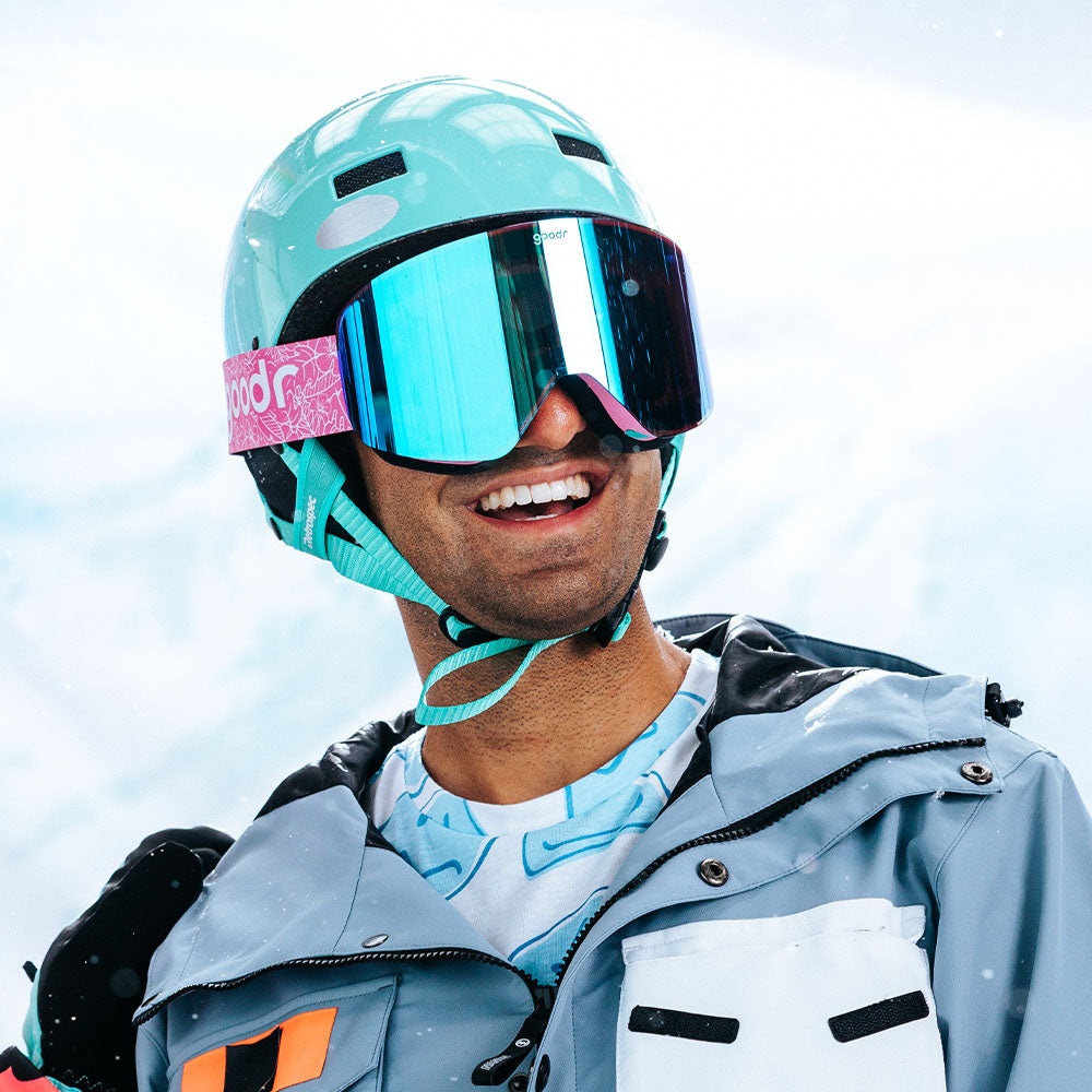 blue snowboard goggles on helmet REINDEER + HAPPY VALLEY Kids Snow Bundle snowy weather and fog How to Choose Your Ski/Snowboard